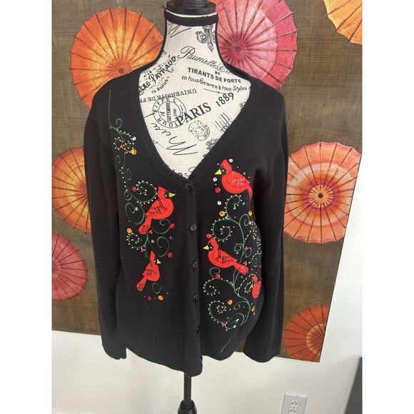 Woman’s Black Cotton Blend Cardigan W /Cardinals Holiday Grandma Chic Sz XL - Picture 2 of 6